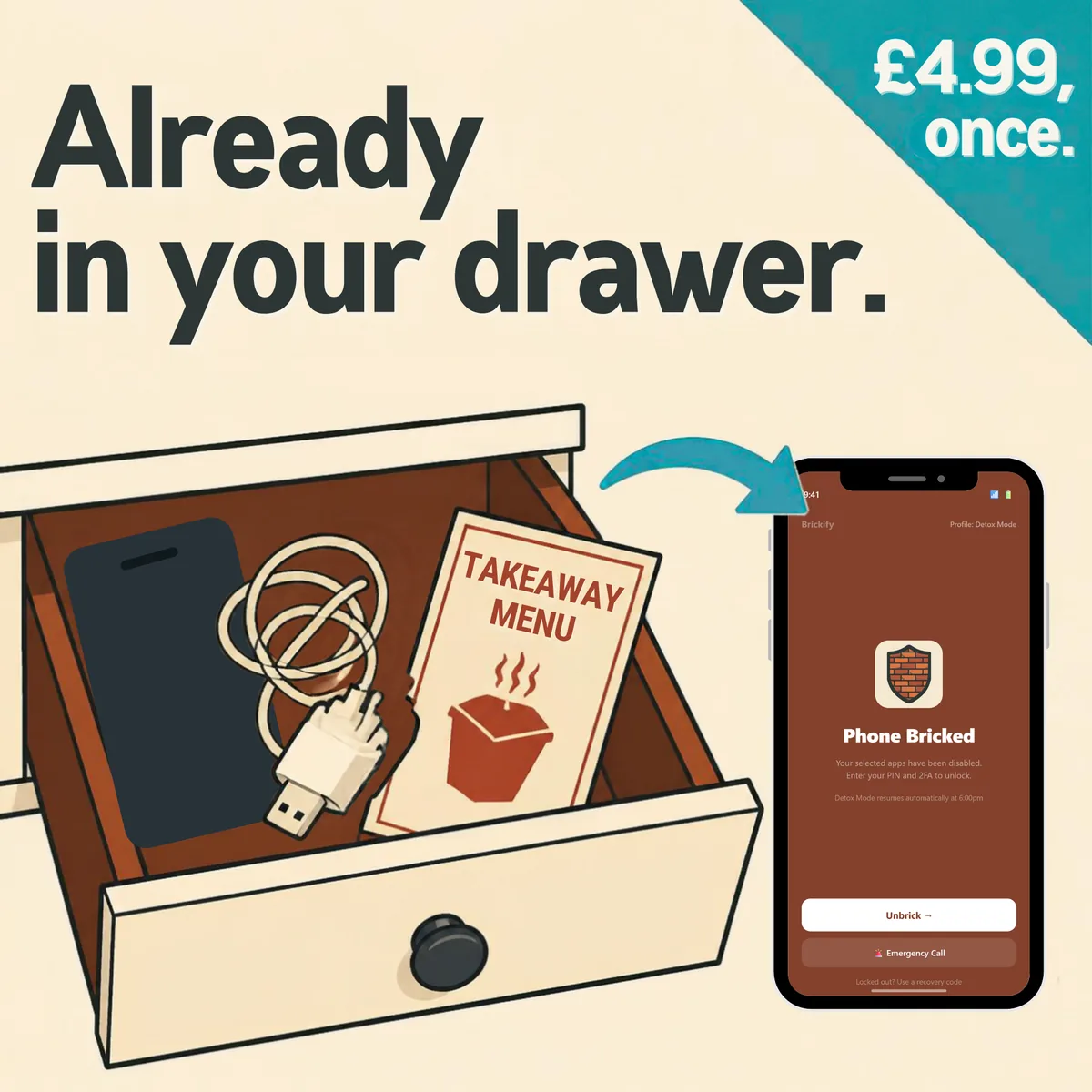 An old phone, a tangle of charger cable and a takeaway menu in a kitchen drawer, with an arrow to the same phone showing the Brickify Phone Bricked screen. Text: Already in your drawer. £4.99, once.