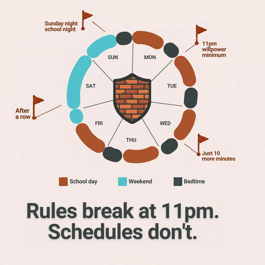 A week drawn as a wheel: school days, weekends and bedtimes, flagging the moments rules usually slip, like 11pm and Sunday night