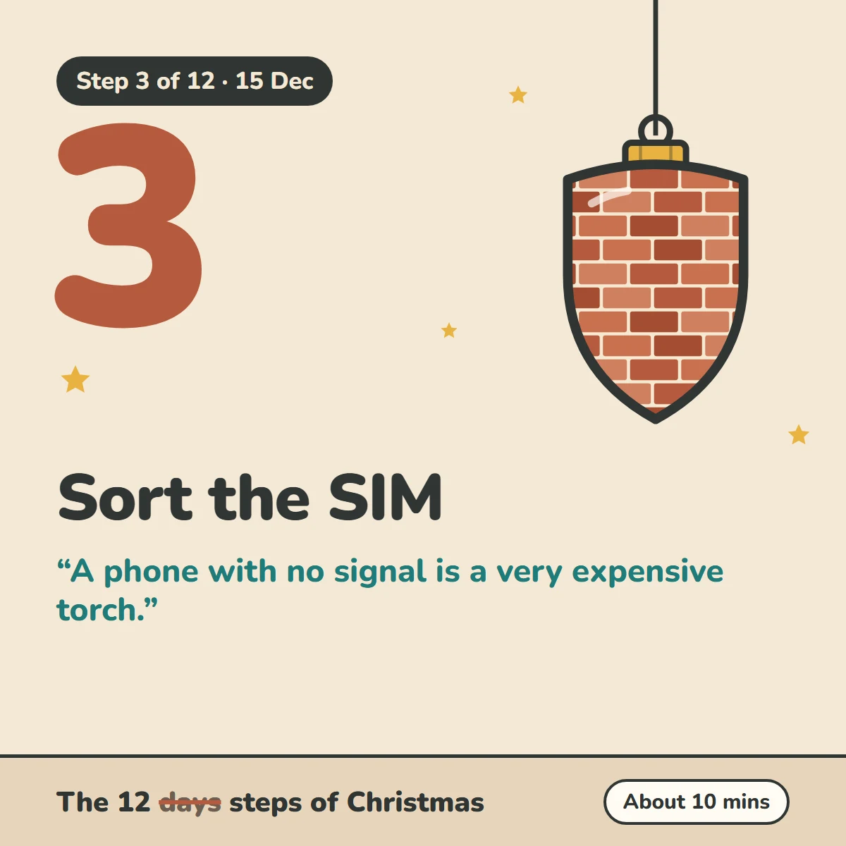 Step 3 of 12, 15 Dec: Sort the SIM. A phone with no signal is a very expensive torch. The 12 steps of Christmas, about 10 mins.