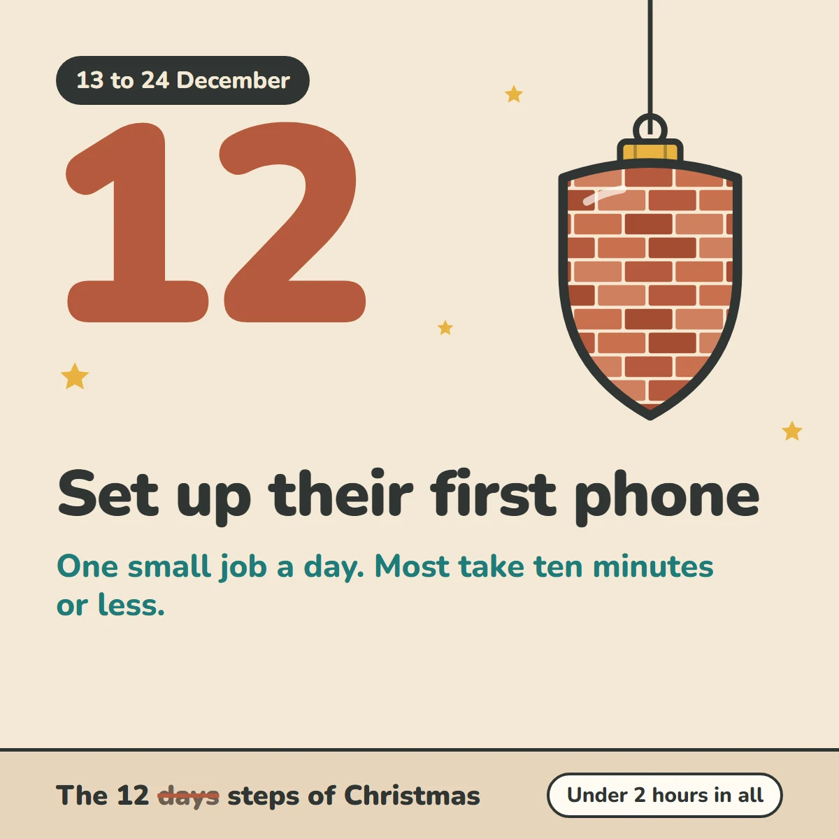 The 12 steps of Christmas, 13 to 24 December: set up their first phone. One small job a day. Under two hours in all.