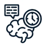 A brain with a clock and a message bubble