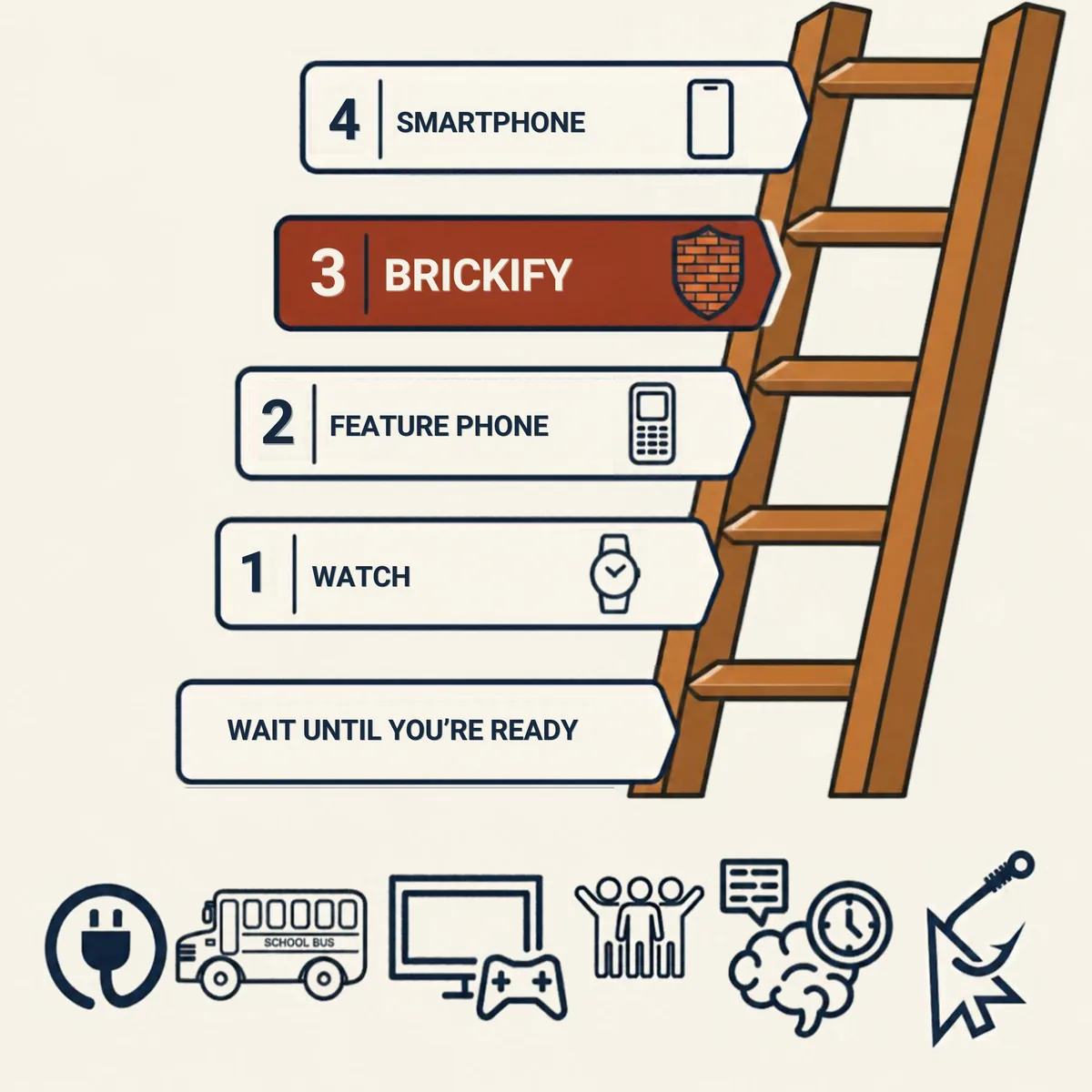A ladder of first-phone options. From the bottom: wait until you're ready, then 1 watch, 2 feature phone, 3 Brickify highlighted in brick, and 4 smartphone. Underneath are six icons for the readiness signs.