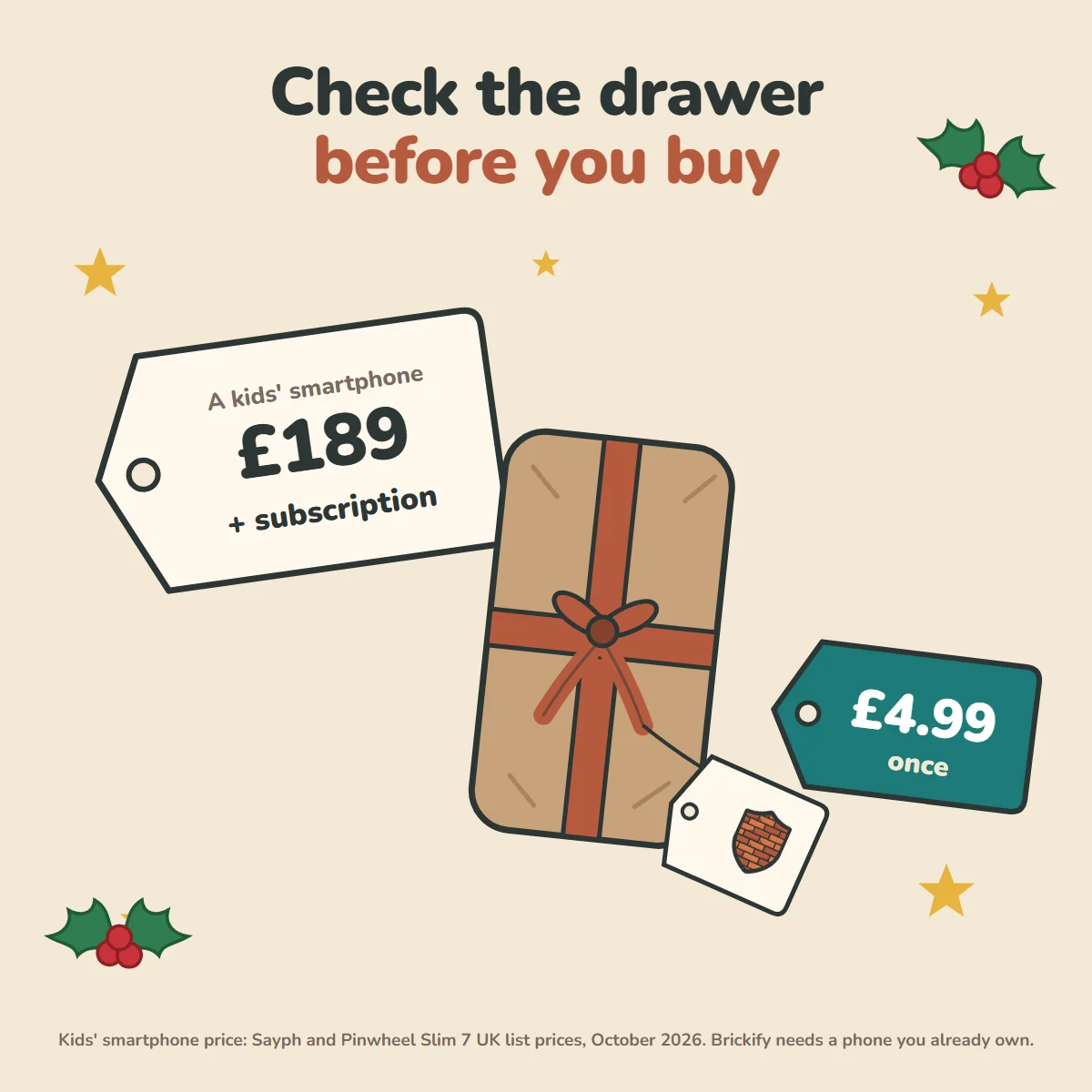 Two price tags on cream with holly and stars. A large tag reads: a kids' smartphone, £189 plus subscription. A small teal tag reads: £4.99 once. Between them, an old phone wrapped in brown paper and ribbon, with a Brickify brick-shield gift tag. Headline: Check the drawer before you buy.