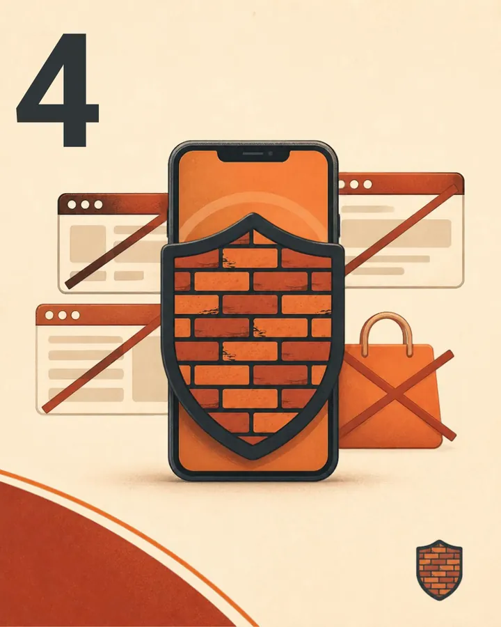 Step 4: The Brickify shield in front of crossed-out browser windows and a crossed-out shopping bag