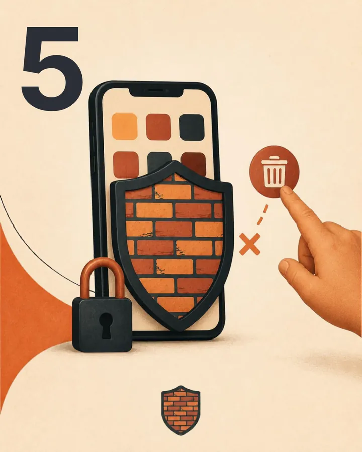 Step 5: A finger reaching for a delete button on a phone protected by the Brickify shield, with a cross showing deletion is blocked