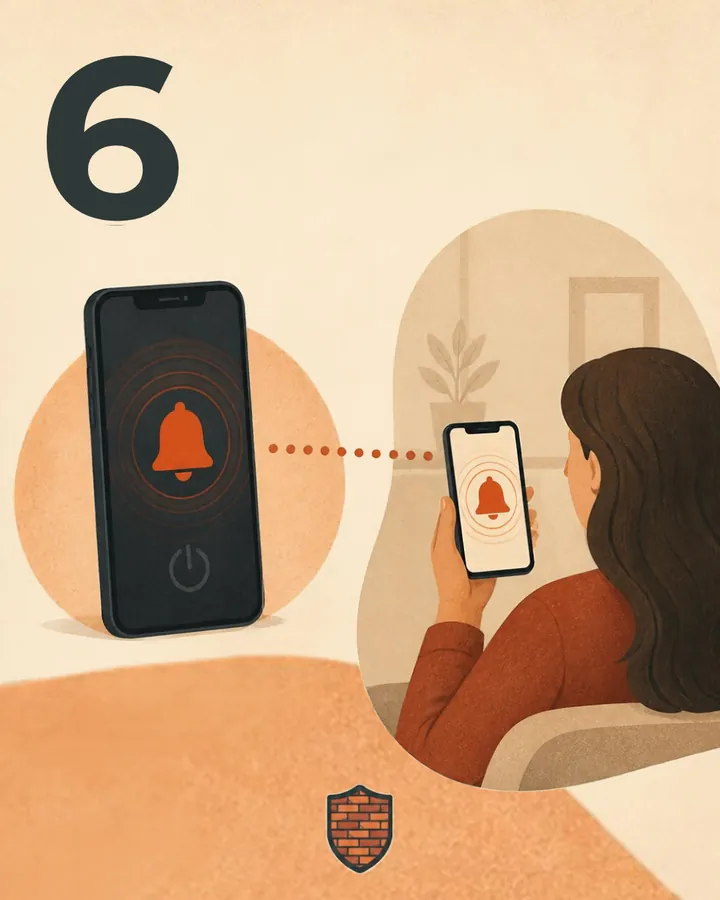 Step 6: An alert bell on a switched-off phone, sending a notification to a parent's phone