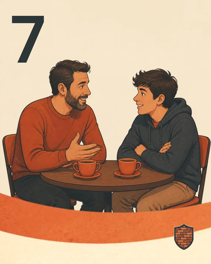Step 7: A parent and teenager chatting over mugs at a table