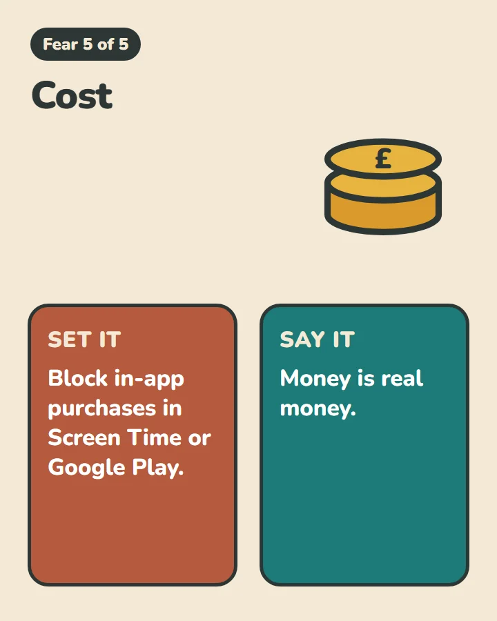 Fear 5 of 5: Cost. A stack of pound coins. Set it: Block in-app purchases in Screen Time or Google Play. Say it: Money is real money.
