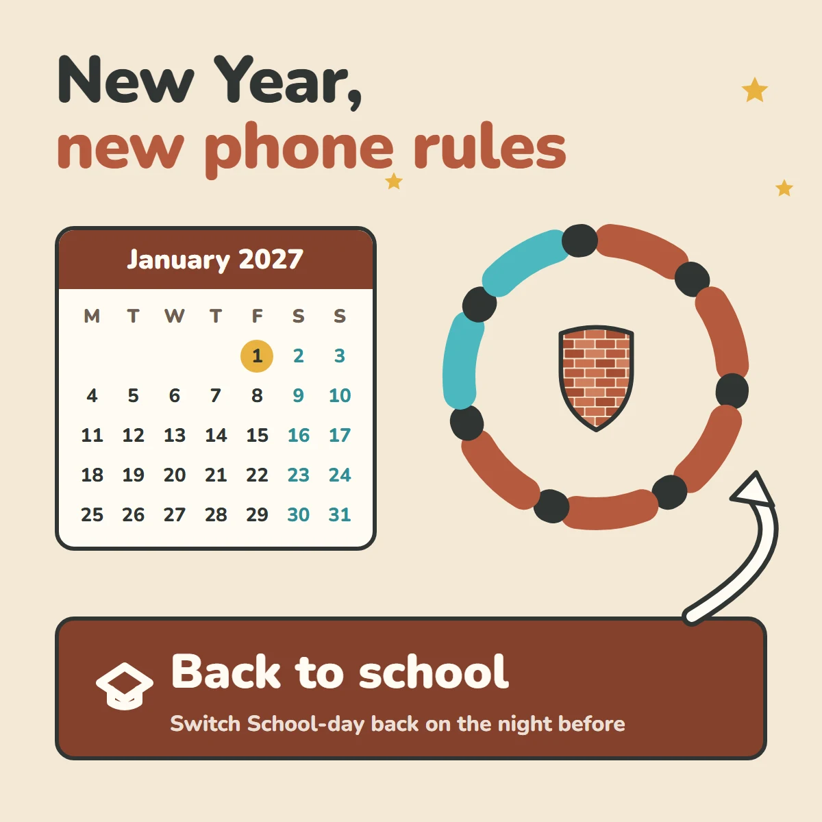 New Year, new phone rules. A January 2027 calendar next to a Brickify schedule ring, with a Back to school panel: switch School-day back on the night before.